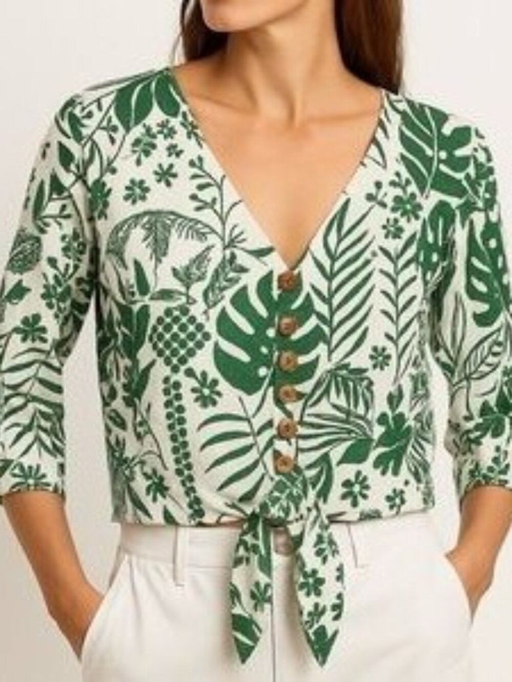 Maison d'Amélie Linen Blend Tropical Toucan Pineapple Tie Front Blouse Small S